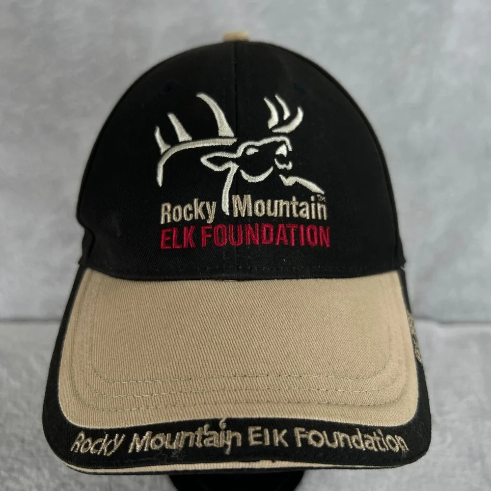 Rocky Mountain Elk Foundation Hat Black Tan RMEF Embroidered Hunting Strapback